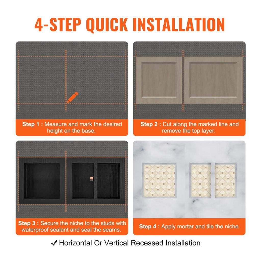 Shower Niche Ready for Tile 40.64x40.64cm & 40.64x50.8cm, Triple Shelf, Square Corners Wall-inserted Niche Recessed, Sealed Protection Modern Soap