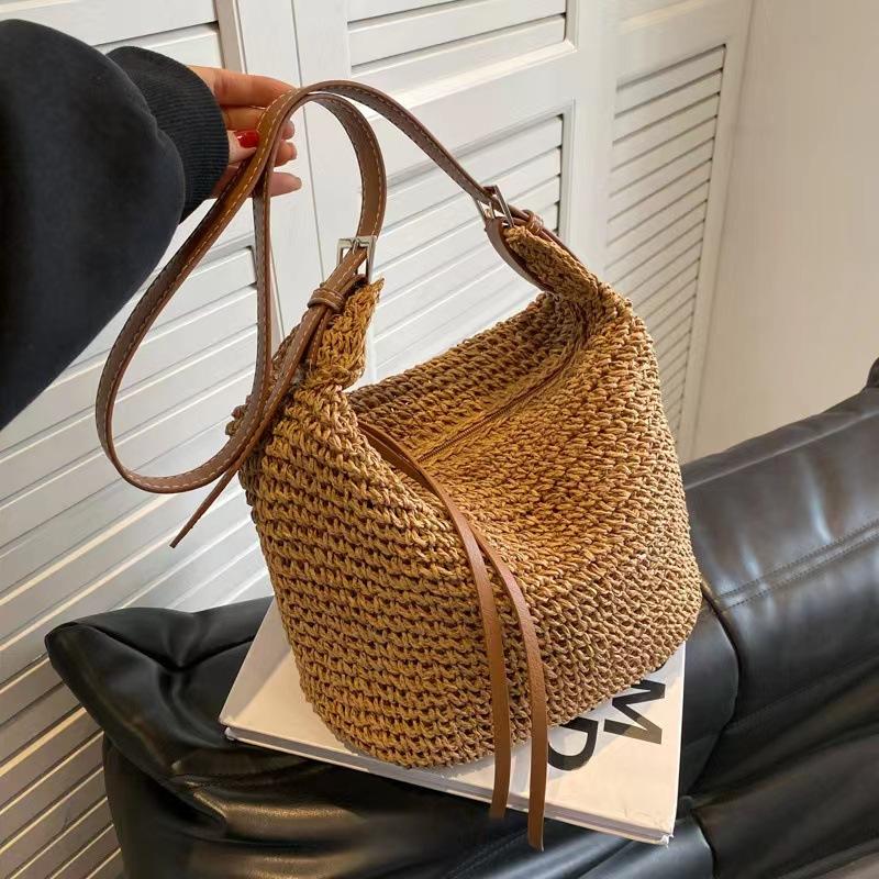 Large Capacity Straw Bag Summer Bucket Hand-woven Tote Luxury Design Women's Handbag Bohemian Style Shoulder Crossbody Bags