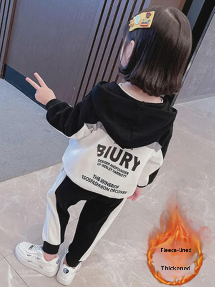 Спортивный костюм из двух частей из утолщенного бархата для девочек: Куртка с капюшоном и повседневные брюки на осень