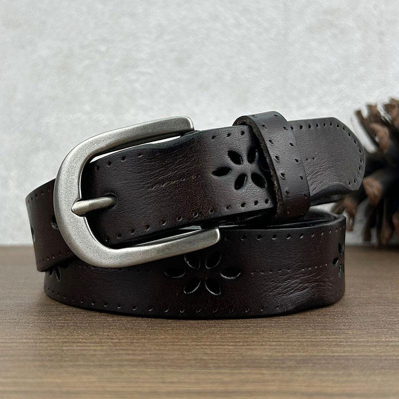 Женский кожаный ремень с полым ретро-дизайном, повседневный джинсовый ремень из первого слоя с пряжкой-булавкой, новинка осени и зимы 2024