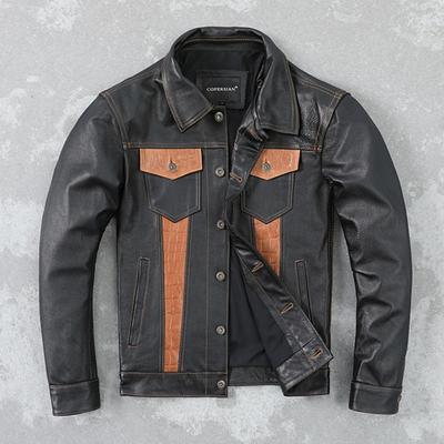 Кожаная куртка мужская, первый слой, воловья кожа, контрастный деним, чистая кожаная куртка с лацканами, тонкое модное пальто