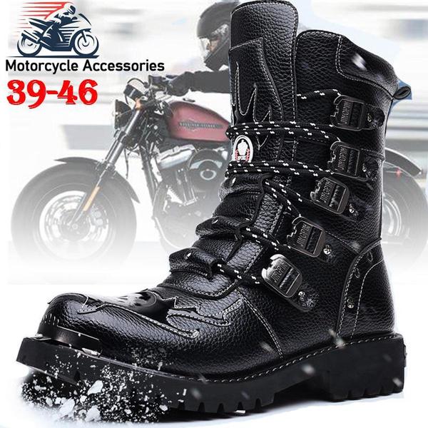 Motorcycle Boots Men Winter Warm Boots Motorcycle Shoes Mid-calf Buckle Motorbike Boots Punk Boots Black Skull Head
