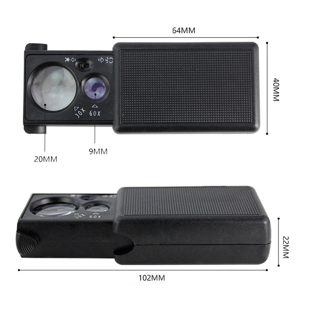30X 60X Pocket Jewelry Magnifier Slide Out Illuminated Magnifying Glass with LED UV Light Handheld Loupe Lens For Diamond Coins