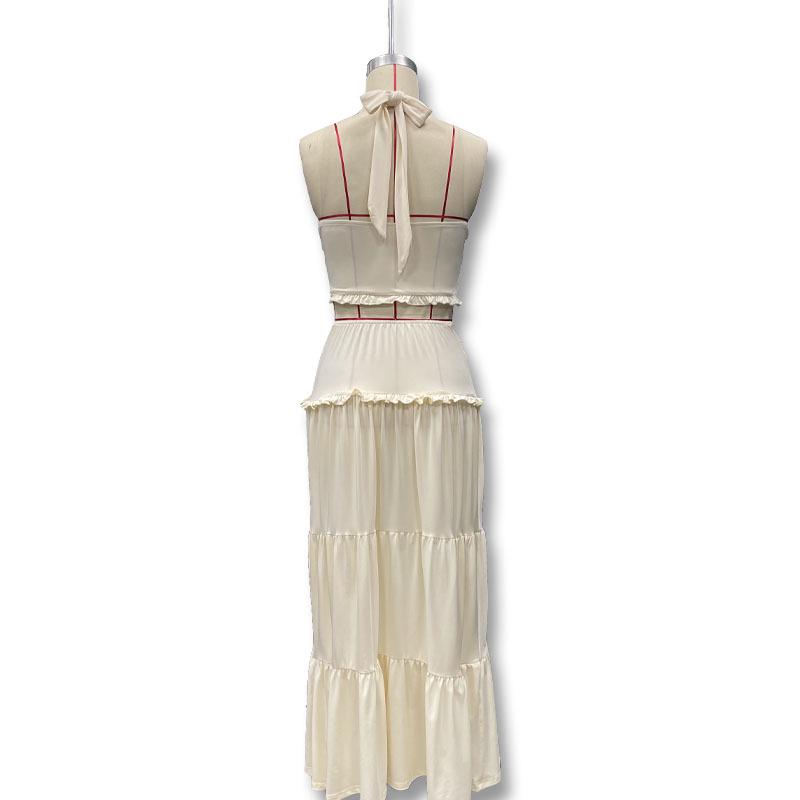 European & American Style Women's V-Neck Halter Camisole and Ruffle Skirt Set