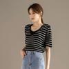 RAIN.CUN Women's V-Neck Faux Two-Piece Striped T-Shirt