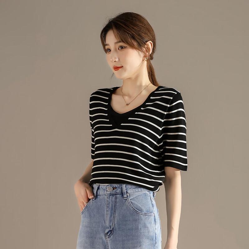 RAIN.CUN Women's V-Neck Faux Two-Piece Striped T-Shirt