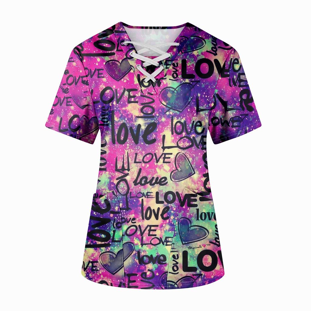 Плюс размерСкраб с принтом Рабочая форма Топы для женщин Крест V-образным вырезом Хэллоуин Принт с короткими рукавами Забавные футболки Спецодежда Футболка с карманами