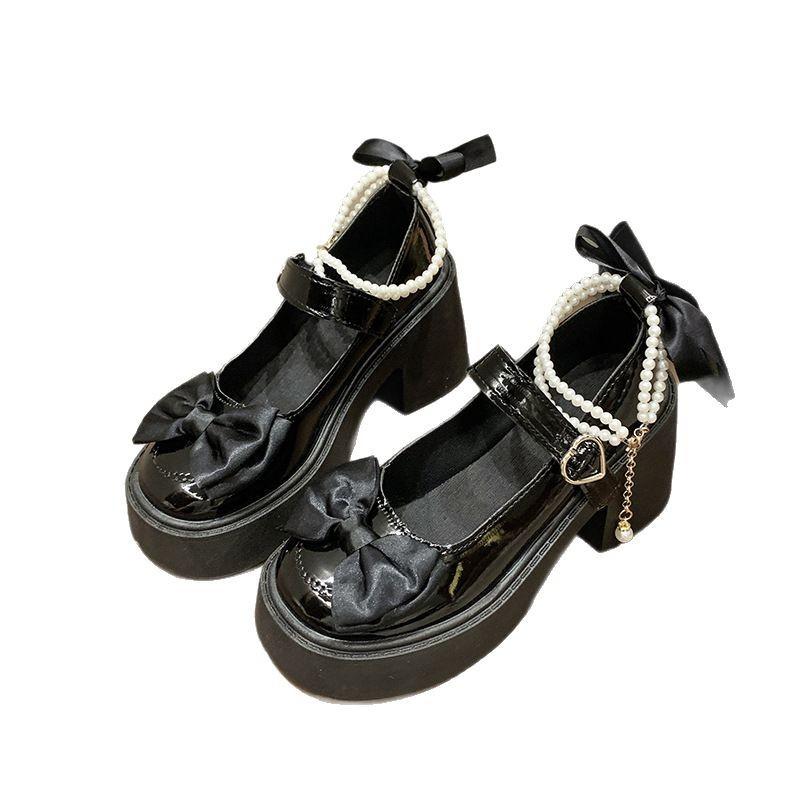 Французские туфли Мэри Джейн из маленькой кожи женские 2025 новая летняя увеличивающая рост бант с юбкой толстый каблук высокий каблук одинарные туфли