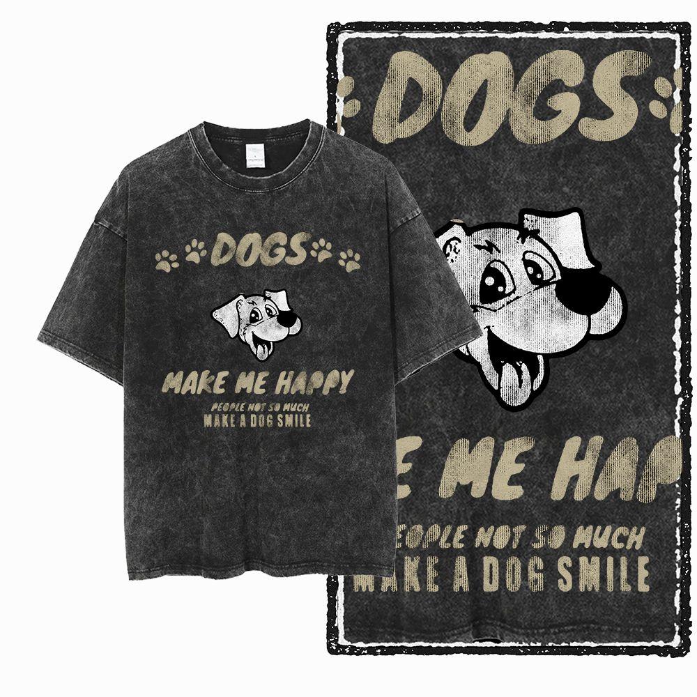 Big Size Dog Graphic Unique Washed Distressed Cotton Unisexs Retro Streetwear TShirt G