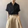Women Summer Shirt Lapel Short Sleeve Solid Color Pullover Tops Loose Fit Thin Office Lady Shirt Workwear
