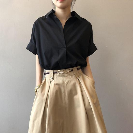 Women Summer Shirt Lapel Short Sleeve Solid Color Pullover Tops Loose Fit Thin Office Lady Shirt Workwear