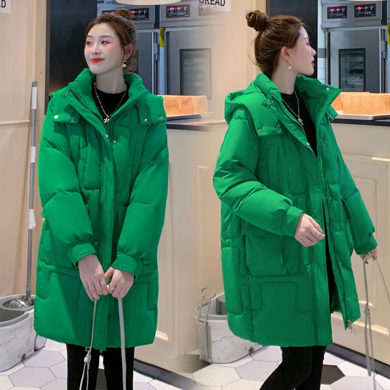 Women's Autumn And Winter Down Jacket Medium Length Hooded Coat Solid Color Loose Cotton-padded Clothes