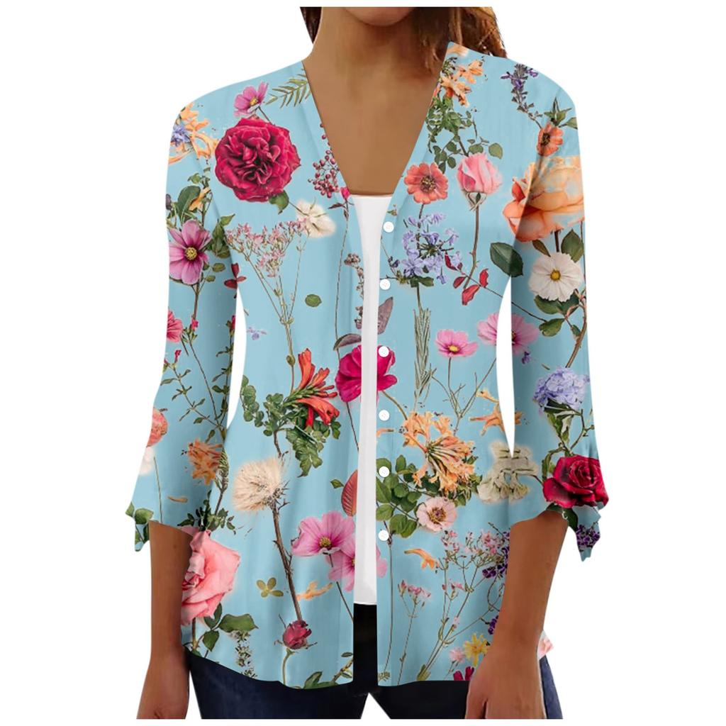 Женский свободный повседневный кардиган с расклешенными рукавами и пуговицами с рукавом три четверти с принтом Caot