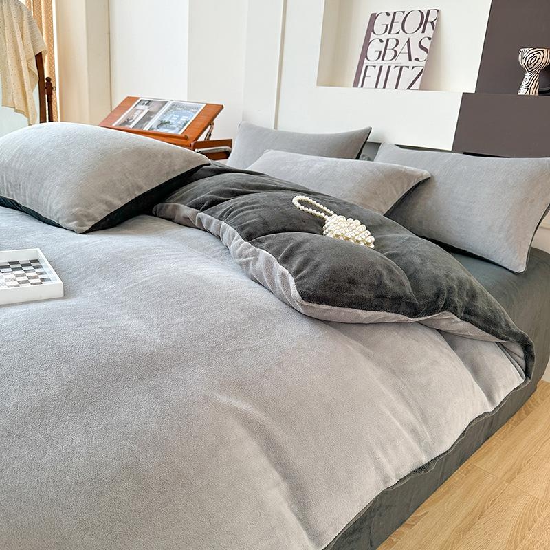 Double-sided Milk Fleece Four-piece Set, Thickened Coral Fleece Bed Linen, Fleece Thermal Flannel Quilt Cover