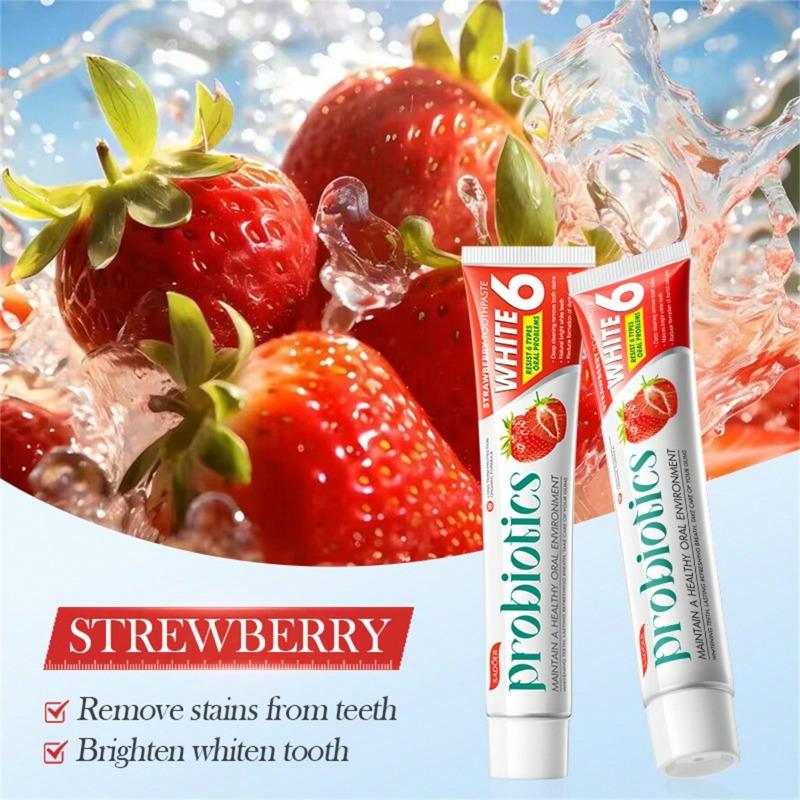 The 4-flavor Fruit Probiotic Toothpaste Deeply Cleans Stubborn Stains, Softens Tartar, Removes Yellow Teeth, Whitens Teeth and Freshens Breath.