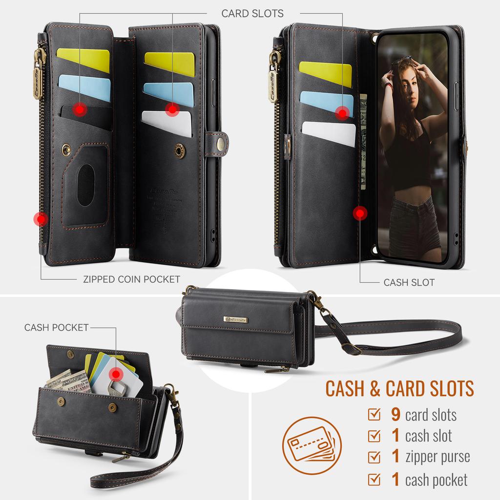 Чехол-кошелек CASEME C39 для iPhone 11 Pro Max с RFID-защитой, молнией, подставкой и ремешком, кожаный
