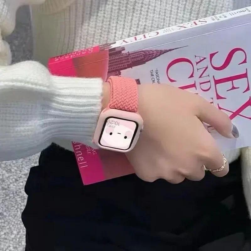 Корейский милый плетеный ремешок + Чехол для Apple Watch Band 49мм 46мм 45 44 38 42 Нейлоновый браслет для iWatch Series 10 9 8 7 6 5 4 3 SE