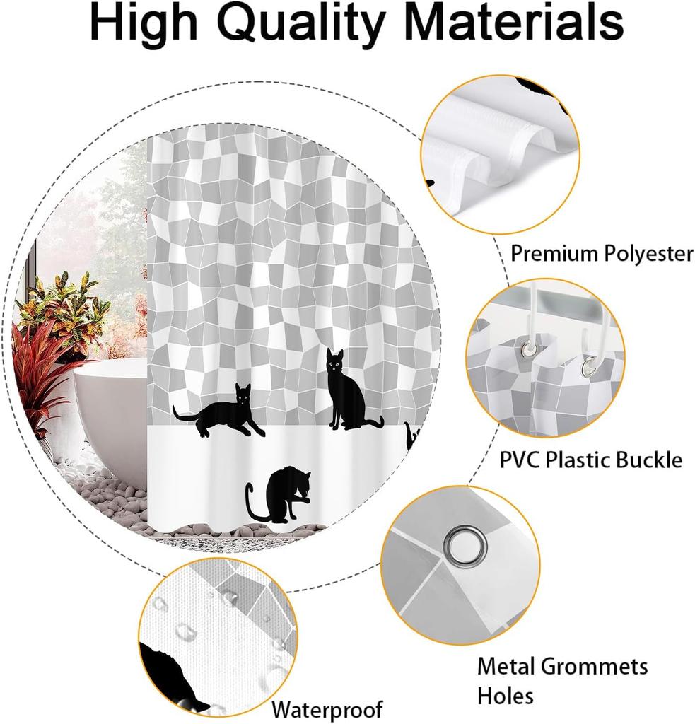 Милая шторка для душа с котиком, Забавный черный кот, белый мозаичный набор аксессуаров для ванной, Черная забавная шторка для душа с силуэтом, Полиэстер
