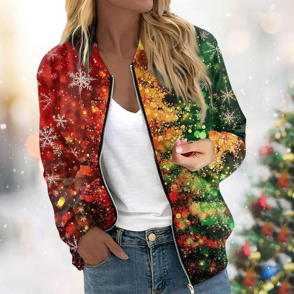 Женская легкая короткая куртка с длинными рукавами на молнии с принтом, повседневная стеганая куртка с карманами, рождественская