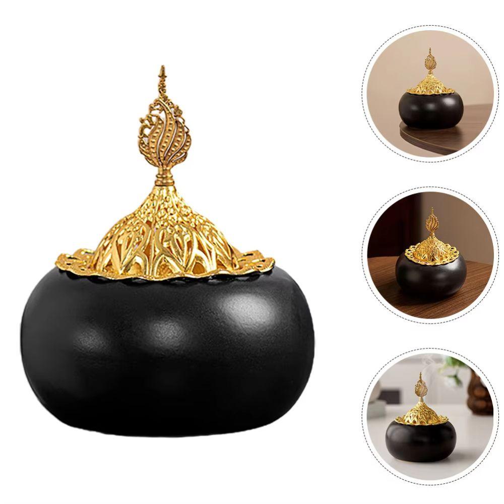 Golden Lid Aromatherapy Censer Ceramic Bakhoor Holder Incense Burning Tray Desktop