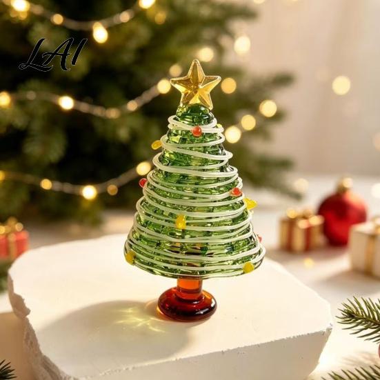 Christmas Table Centerpiece Glazed Tree Figurine Colorful Miniature Xmas Decor Handcrafted Small Ornament for Desk Glass Home Office Holiday