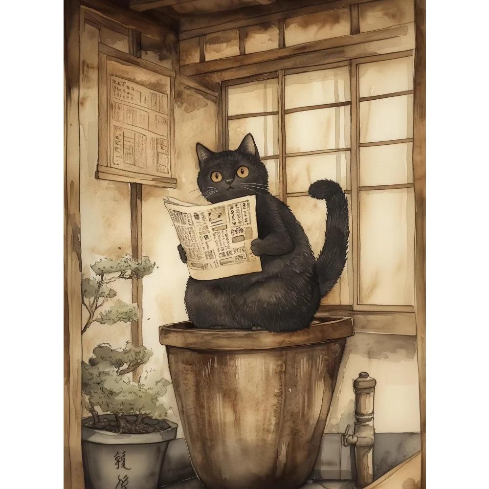 Canvas Japanese Black Cat Bathing Moon Lucky Cartoon Illustration Retro Poster Wall Art Pictures Home Decor Wall Decor