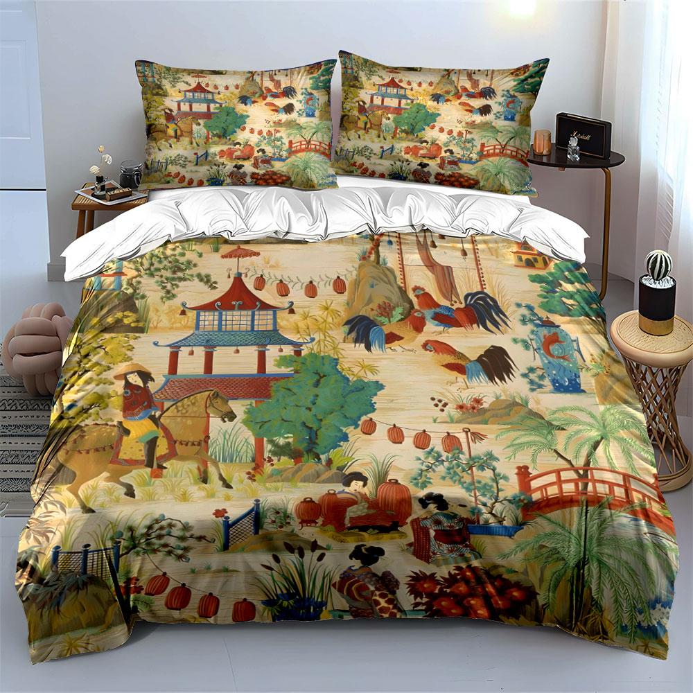 Oriental Chinese Chinoiserie Landscape Bedding Set,1 Duvet Cover 2 Pillowcase,Vintage Bed Linen For Asian Style Home Decor,Gift