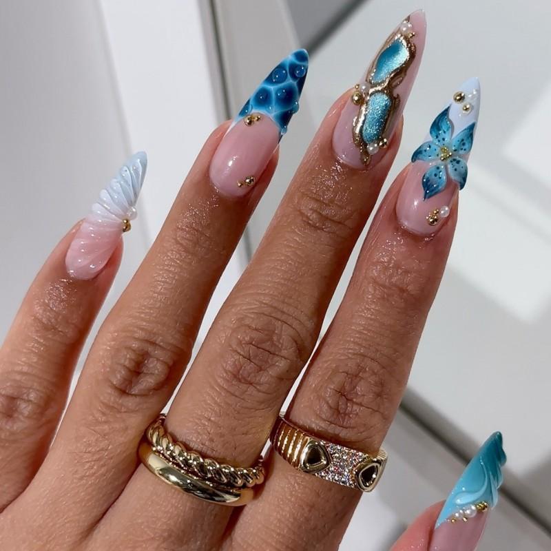 10pcs Handmade Press-On Nails With 3D Floral Design In Nude Pink Blue Ocean Theme Women