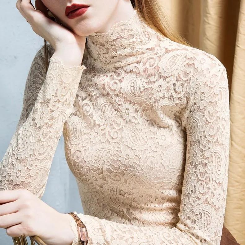 Женская осенне-зимняя однотонная рубашка с длинными рукавами, облегающие утолщенные топы с высоким воротом