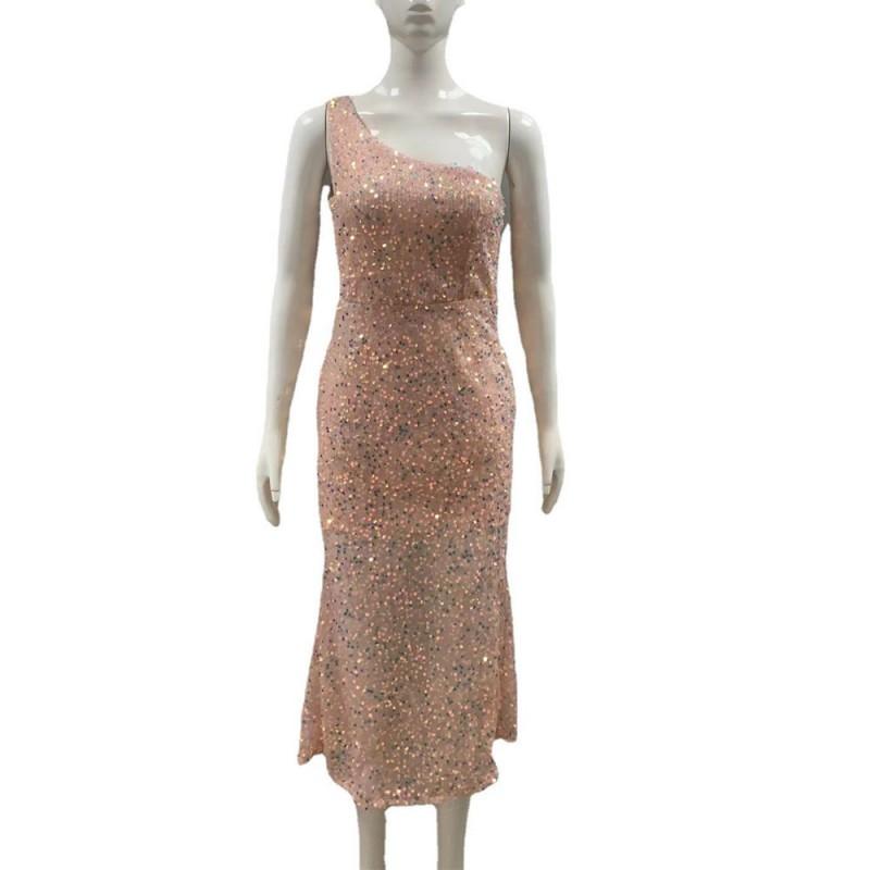 Womens Sequin One Shoulder Sleeveless Velvet Dress Elegant Evening Gown