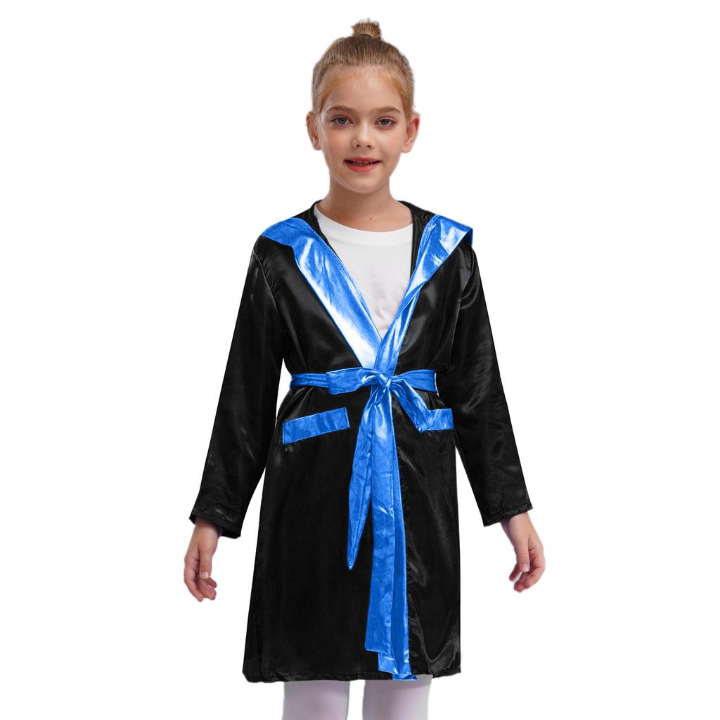Kids Boys Boxing Robe Thai Kickboxing Costume Long Sleeve Open Front Hoodie Cloak with Belt Workout Sports Fitness Joggers