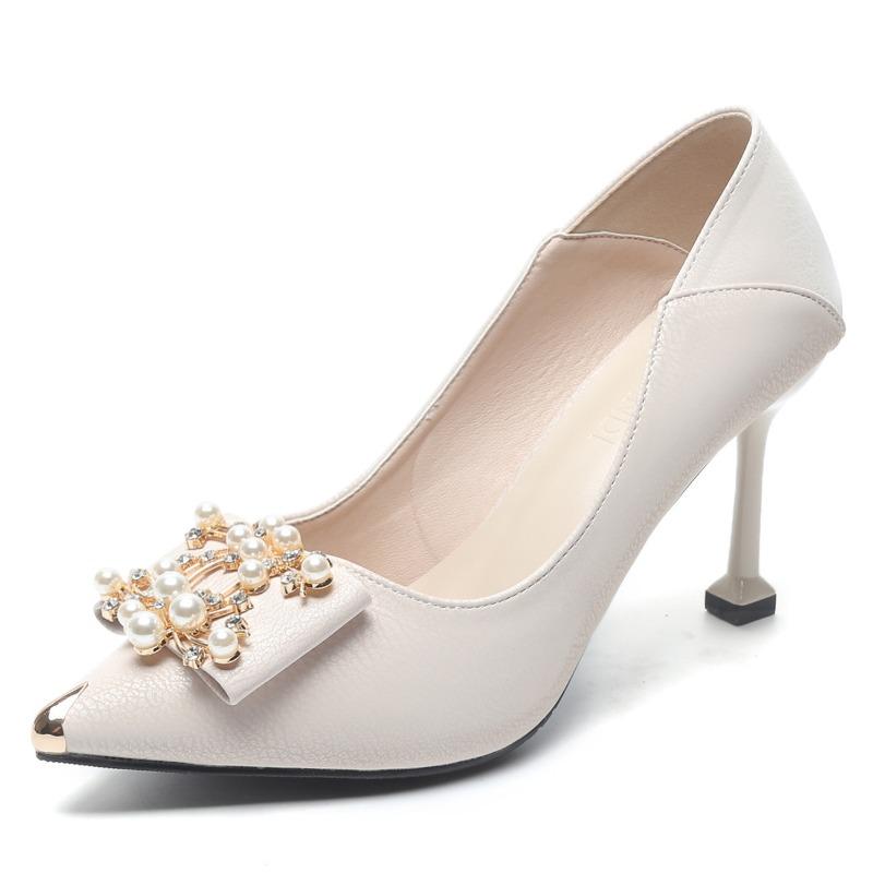 Новые стильные туфли на шпильках с острым носком, большого размера, большой ширины, с жемчужной пряжкой, женские одинарные туфли, свадебные туфли-бабочки