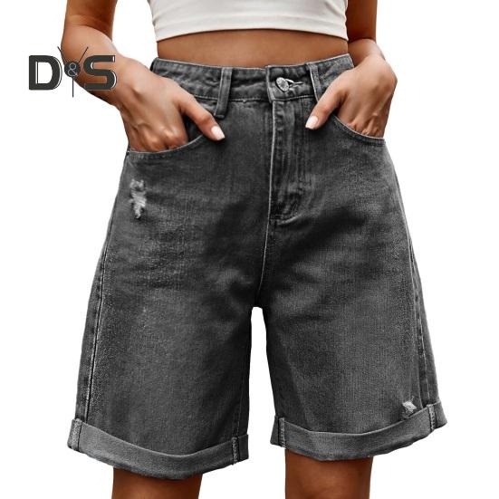 Летние женские джинсовые шорты со средней талией, длиной до колена, эластичные, повседневные, широкие, прямые, потертые, с манжетами, короткие джинсы с карманами