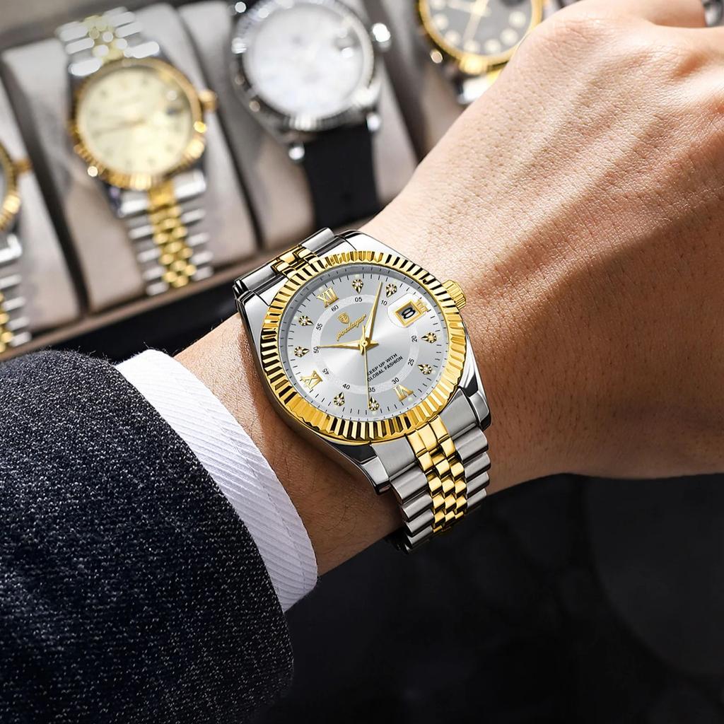 POEDAGAR Luxury Fashion Men Wristwatch Date Waterproof Luminous Man Watch Stainless Steel Business Quartz Men's Watches Gift+Box
