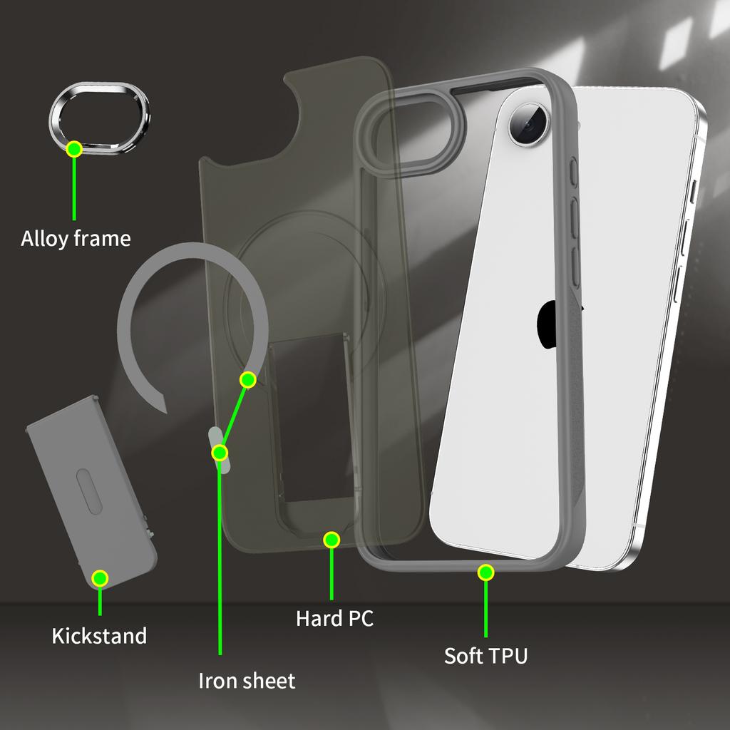 For iPhone 16e Case Compatible with MagSafe PC + TPU Phone Cover with Kickstand