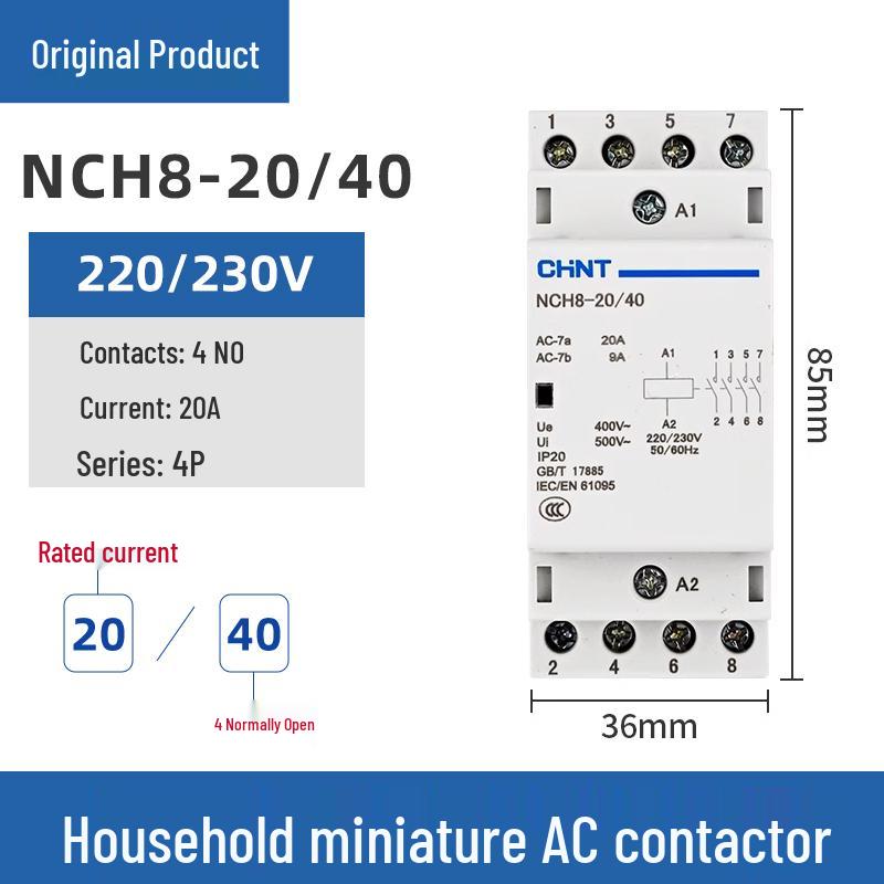 Однофазный AC контактор Chint NCH8-20/20, 20А, 240В, 2P, для монтажа на DIN-рейку