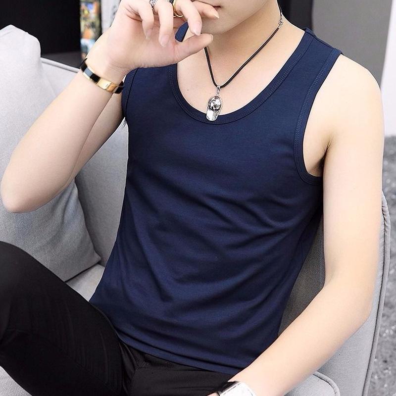 Мужская облегающая корейская спортивная безрукавка - дышащая, повседневная, однотонная рубашка с круглым вырезом