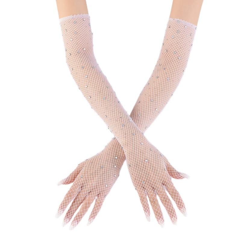 2 Pair Mesh Gloves Fishnet Crystal Rhinestone Long Full Finger Arm Opera Party Lace