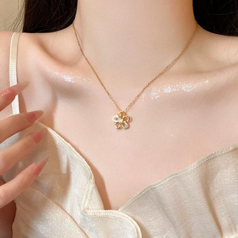 Stainless Steel Zircon Flower Necklace for Women Luxury Rhinestone Exquisite Elegent Sweet Clavicle Chain Y2K Jewelry No Fading