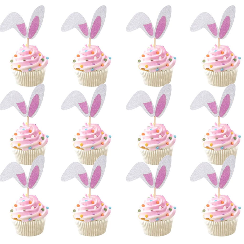 12Pieces Rabbits Ear Cupcake Toppers Easters Cake Decoration Set Easters Cake Picks Set Suitable for Party Celebration