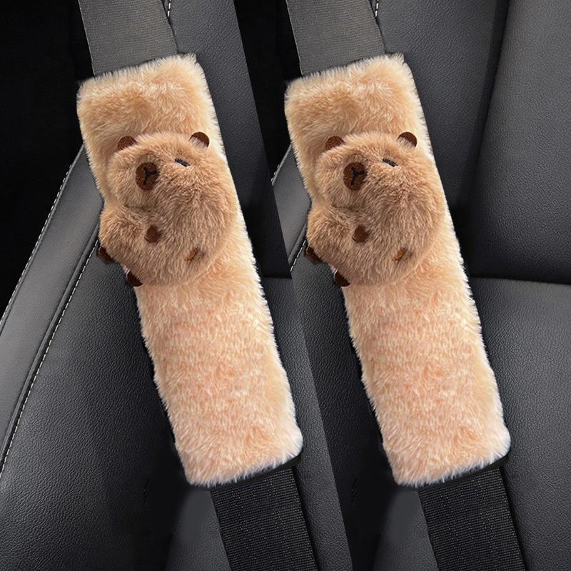 New Cute Cartoon Capybara Universal Car Seat Belt Cover Imitation Rabbit Fur Long Plush Auto Safety Shoulder Pad For Kids Ladys