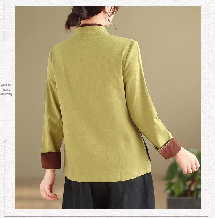 Хлопково-льняная рубашка в стиле Дзен для полных: Ретро в китайском стиле с косым воротником и завязками