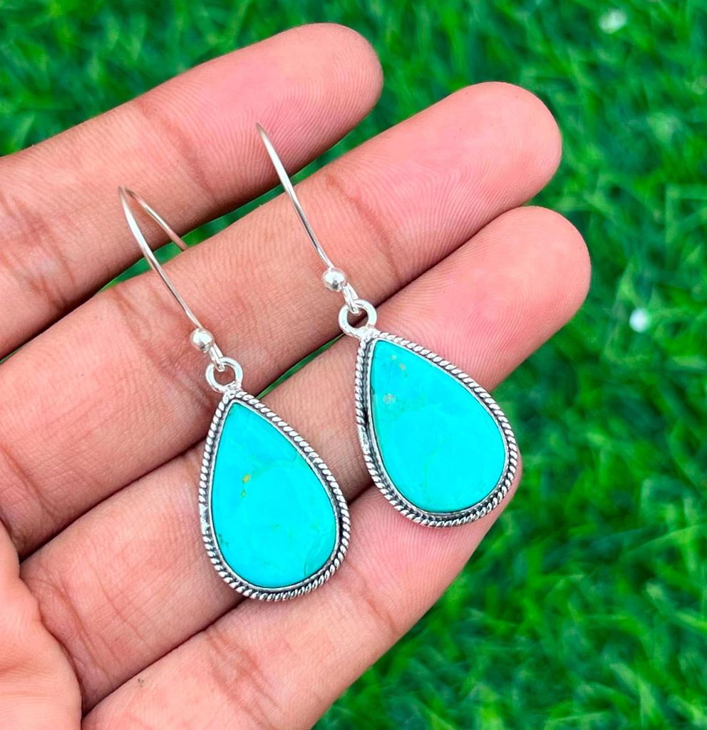 Blue Turquoise Dangle Drop Earrings 925 Sterling Silver Women Earlobe Earrings Gift for Her