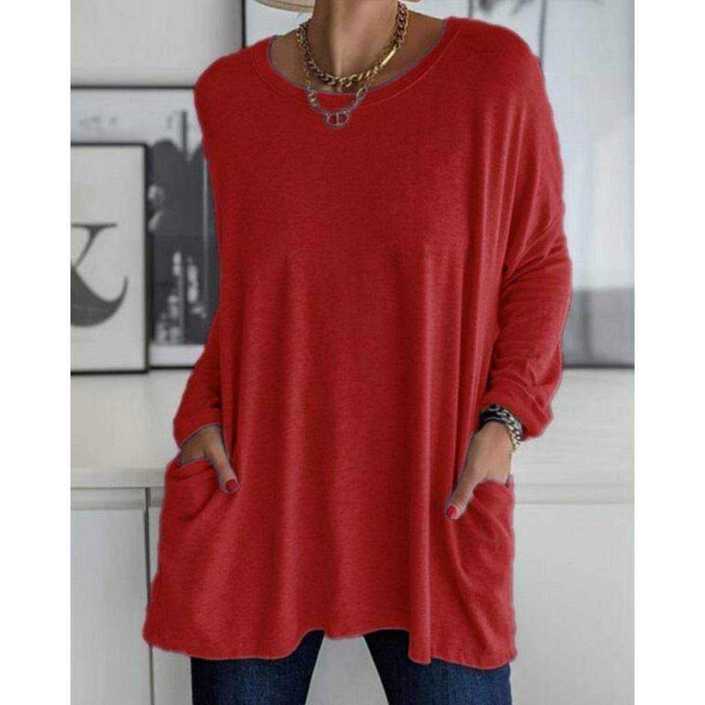 Женская повседневная весенне-летняя туника с карманами, топ с круглым вырезом, рубашка с длинными рукавами, модная свободная однотонная футболка большого размера