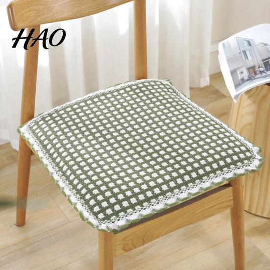 Pastoral Style Chair Mat Cotton Linen Pad, Striped Plaid Dining with Lace Trim, Seat Cover Breathable Thin Pad Ties for Office Barstool Comfortable