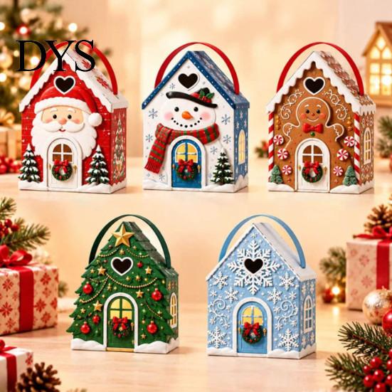 Reusable Holiday Gift Packaging Christmas House Box with Handle, 3D Gingerbread/Santa Claus/Tree/Snowflake Candy Snack Containers for Parties