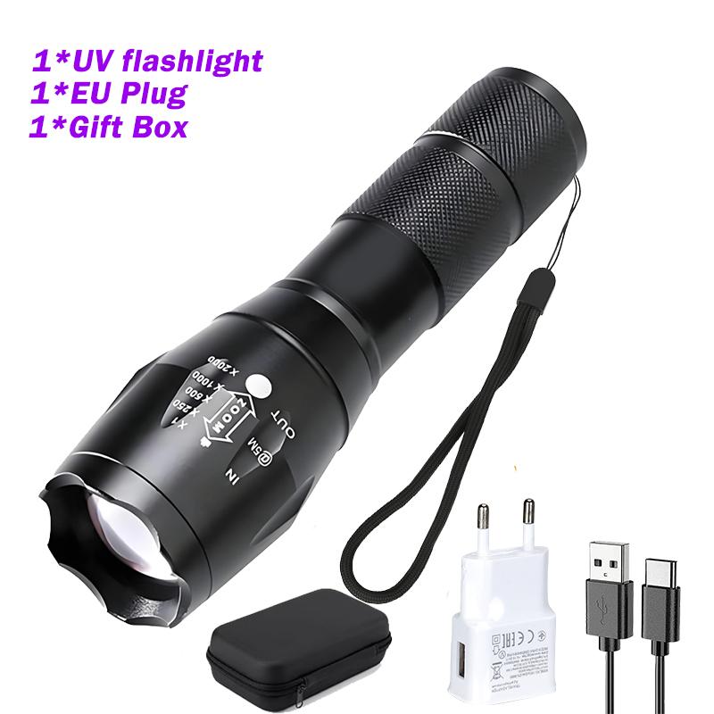 2 In 1 Ultraviolet Flashlight Purple White Dual Light Zoomable Torch Built in Battery Recharge Scorpion Hunting UV Flashlights