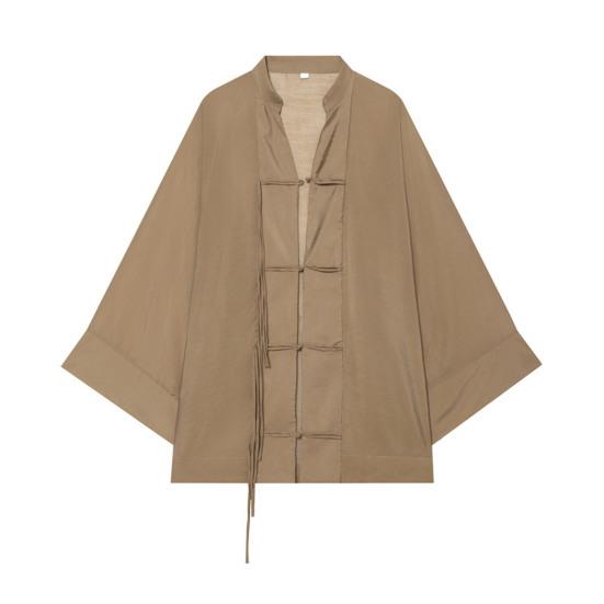 Handmade Button Shirt Women Stand Collar Shirt, Chinese Frog Blouse for Early Summer Casual Outfit Fall, Loose Solid Color Long Sleeve Top Spring Wear