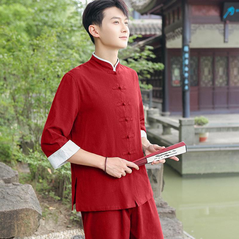 Мужская льняная рубашка в китайском стиле: Костюм Тан Весна, Лето, Осень