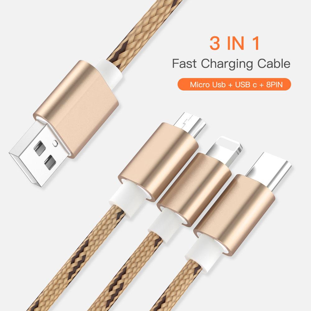 Зарядный кабель USB 3 в 1 для iPhone Кабель Micro USB типа C для быстрой зарядки Кабель зарядного устройства
